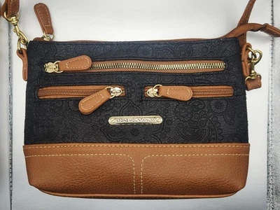 Stone Mountain-  Black Embossed Leather Paisley Bag- Crossbow- Clutch- 4 Ways - Image 1 of 4