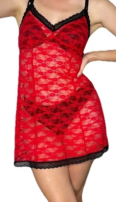 VTG Y2K Sheer Red  Mini Slip Dress Black Lace Trim Womens XL Unconventional Lace - Image 1 of 4