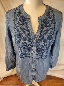 Bob Timberlake Denim Button up Tunic Embroidered Chambray Blue Size S - Picture 1 of 9