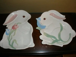 HTF Pier 1 Easter Bunny Rabbit Tulips Shaped Plates Set of 2 - Picture 1 of 5