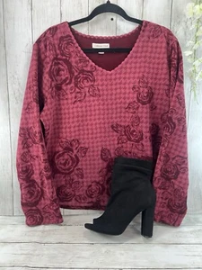 Coldwater Creek Top Womens Size Large Maroon Floral Rose Velvet Fleece Lined - Picture 1 of 14