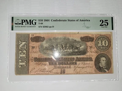$10 1864 Confederate States Of America Richmond, VA T-68Currency PMG 25 VF - Image 1 of 2