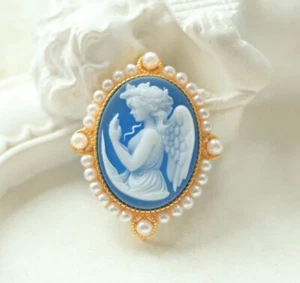 N18 Schutzengel Perlmutt Achat blau Anhänger Silber 925 Rahmen mit Perlen - Bild 1 von 2
