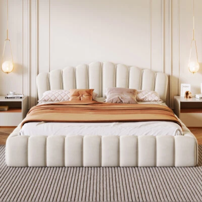 Velvet Upholstered Bed Frame Queen Size Platform Bed with Shell-Shaped Headboard - Image 1 of 4