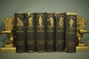 lot 6 volumes antique old Charles Dickens books brown gold decorators shelf - Picture 1 of 5
