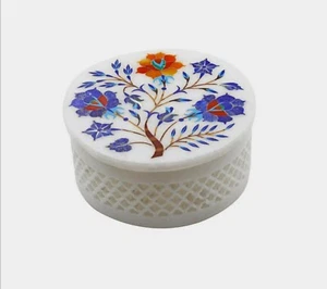 Round Marble Jewelry Box Gemstone Inlay Work Bangle Box for Mother and Wife - Picture 1 of 4