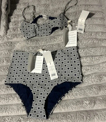 Maiô biquíni Tory Burch azul marina octógono estampa geométrica cintura alta/M-XL - Imagem 1 de 4