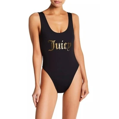 NUEVO Traje de baño de una pieza Juicy Couture lámina verborrea logotipo cuello redondo negro para mujer M Foto 1 de 4