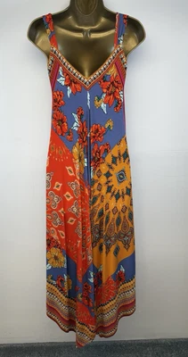 Monsoon Dress Orange Blue Floral Stretchy Strappy Bead V Neck Hankie Hem UK 10 - Image 1 of 4