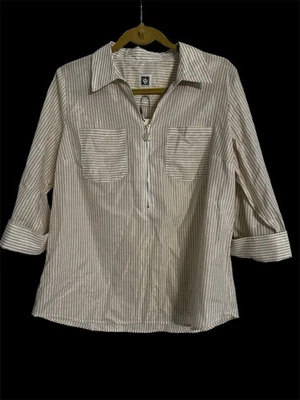 Anne Klein 条纹金属金色衬衫拉链前 3/4 长袖上衣 L — 第 1/4 张图片