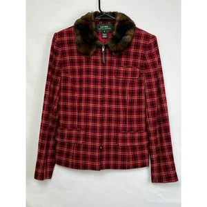 Lauren Ralph Lauren Damengröße 6 rot kariert Wollmischung Kunstfellkragen Jacke - Bild 1 von 7