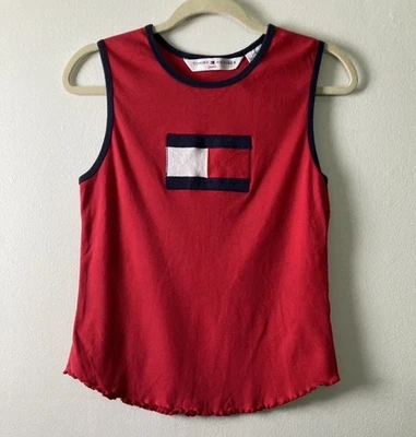 Camisa sin mangas vintage años 90 Tommy Hilfiger bandera roja azul timbre dobladillo lechuga para mujer L Foto 1 de 4