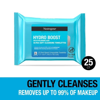 Neutrogena Hydro Boost toallitas desmaquillantes y toallas limpiadoras faciales, paquete de 25 Foto 1 de 2