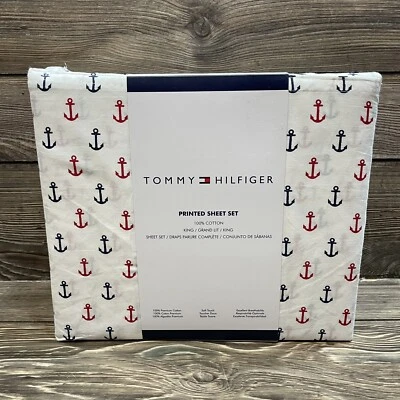 Tommy Hilfiger 100% Cotton KING 4 Piece Sheet Set Anchor Print Nautical NEW - Image 1 of 4