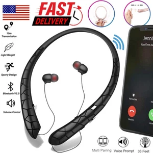 Sweatproof Neckband Headset Wireless Bluetooth Retractable Headphones Earbuds US - Picture 1 of 18