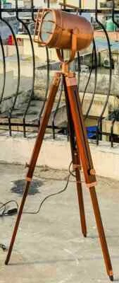 Vintage Nautical Searchlight Marine Spotlight Copper Tripod Floor Lamp Decor - Image 1 of 4