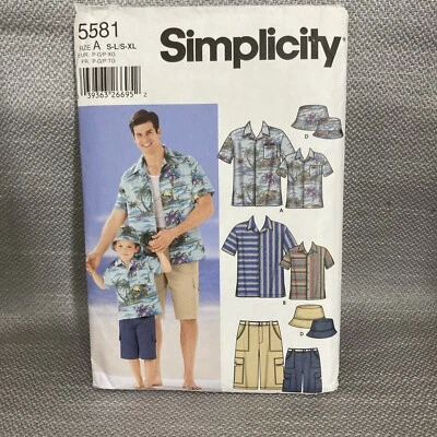 Simplicity Sewing Pattern Shirt Shorts Hat 5581 Mens: S-XL Boys:S-L Matching Set - Image 1 of 4
