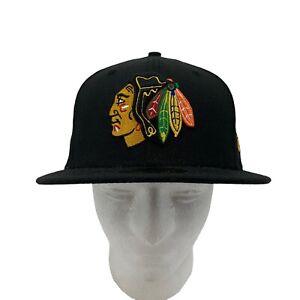 New Era Chicago Blackhawks Hat Mens 7 3/8 Black Fitted 59-Fifty 100% Wool Cap