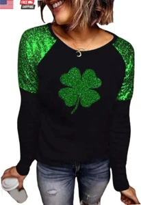 St. Patrick'S Day T-Shirt Womens Funny Shamrock Printed Sequined Splicing Sleeve - Picture 1 of 2