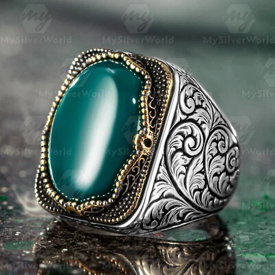 925 Sterling Silver Engraved Design Green Agate Stone Men's Ring - Image 1 of 4