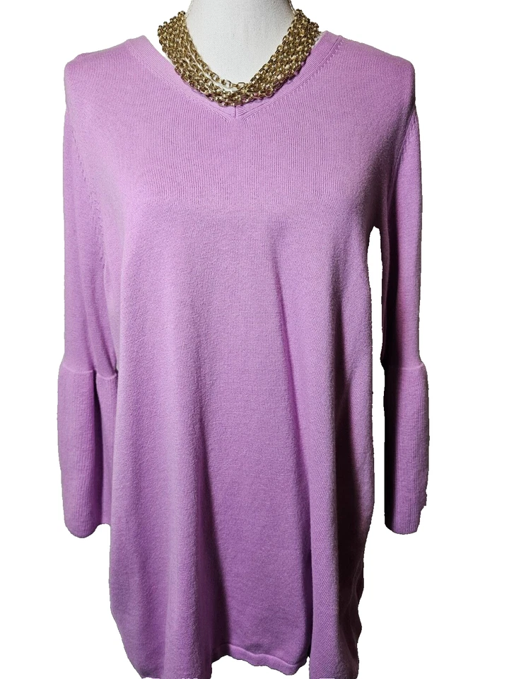 Suéter H by Halston 1X roxo gola V manga sino manga 3/4 fenda lateral malha - Imagem 1 de 4