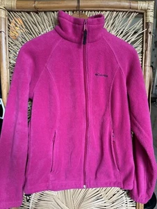 Columbia Size Medium Womens Hooded Fleece Jacket Bright Pink Full Zip Pockets - Picture 1 of 4