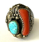 Vintage Native American Turquoise Red Coral Floral Ring 17.6 gr Size 9.25 Patina
