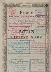 Fabrik feuer- u. säurefester Producte Actien-Gesellschaft, Aktie 1000 M, 1898 - Bild 1 von 1