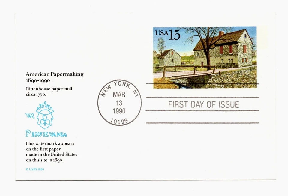 LOT OF (10) 1990 SC #UX145 - 15 CENT RITTENHOUSE PAPER MILL POSTCARDS - FDC - Image 1 of 1