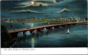 1900s Connecticut Postcard The New Bridge at Hartford CT Night View Moon UDB  - Picture 1 of 2