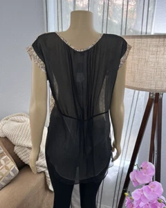 Silk Geometric Sheer Top Size S Small High Low Beige Black Aryn K Anthropologie - Picture 1 of 6