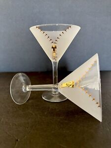 Asta XYZ Frosted Martini Glass Set 2 Gold Zipper Embellishment Large 8 oz Pair