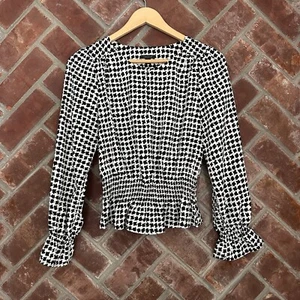 Ann Taylor Houndstooth Smocked Waist Top Blouse Womens Size XS Black And White - Picture 1 of 9