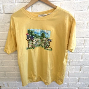 Victoria Jones Short Sleeve Yellow Applique Birds Shirt Tee Large 100% Cotton - Picture 1 of 4