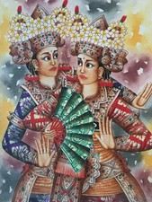BALINESE DANCERS - INDONESIAN BALI Art Acrylic Painting by Tut Maya 23x31"