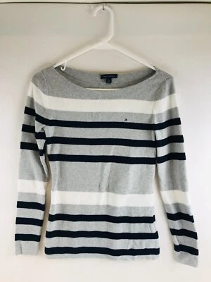 Suéter Tommy Hilfiger, Para Mujer Talla Pequeña, Gris Blanco Azul Marino, Cuello Barco Foto 1 de 4