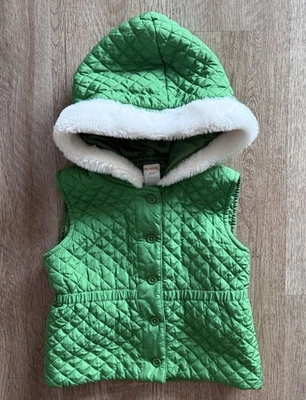 Gymboree Cheery All The Way Green Quilted Vest Size 4T-5T Faux Fur Trimmed Hood - Image 1 of 4