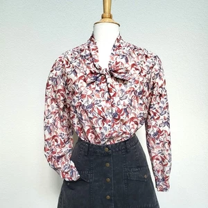 Tan Jay Vintage Blouse Womens Large Floral V Neck Tie Bow Neck Rust 70s 80s Fall - Picture 1 of 12