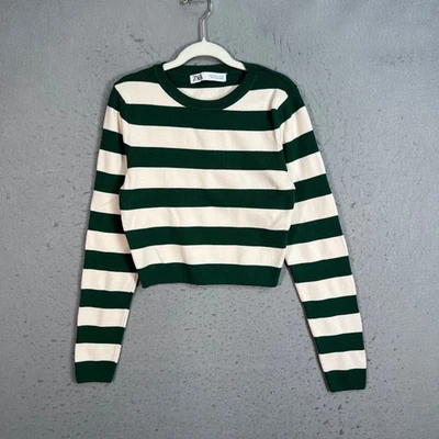 Suéter Zara verde y blanco a rayas recortado manga larga para mujer talla mediana Foto 1 de 4