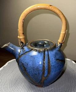 Blue Drip Glaze Studio Art Pottery Glazed Teapot w/ Bamboo Handle Signed NB 82 - Picture 1 of 11