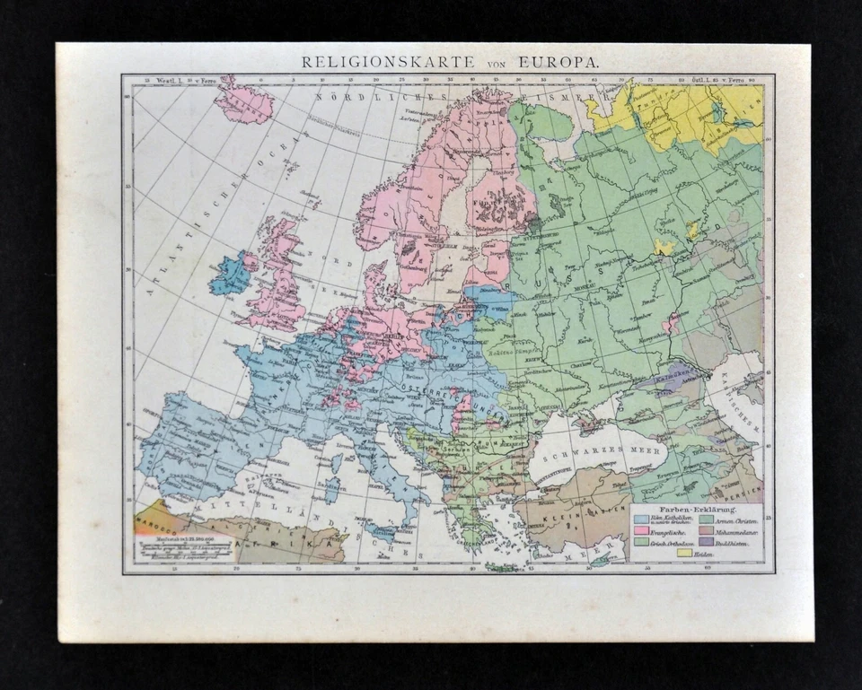 1881 Andrees Mapa Religiones Europa Católico Protestante Musulmán Cristiano Ortodoxo Foto 1 de 1
