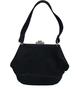 Rare Vintage J W Trathen Calf Suede Black Sml Handbag 1940s Kiss Lock Clasp - Picture 1 of 10