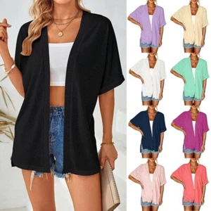 Women's Cardigan Open Front Shirt Womens Short Sleeve Beach Baggy Solid Tops UK - Picture 1 of 38