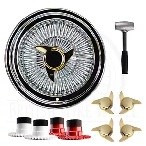 15x7 Std 100 Spoke Straight Lace Lowrider Wire Wheels, 3 Bar Gold Caps, Set of 4 - Picture 1 of 94