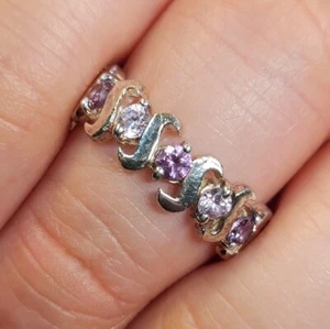 925 Sterling Silver White and Purple Cubic Zirconia Band Ring Size 8 - Picture 1 of 3