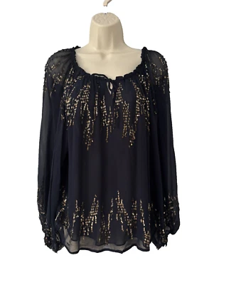 Top transparente Parker azul marino seda manga larga globo talla S Foto 1 de 4