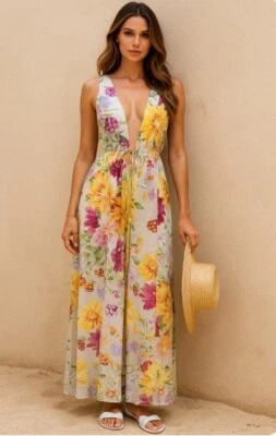 H&M Maxi Dress NWT Floral Summer Linen V Neck Sleeveless Womens Size L - Image 1 of 4