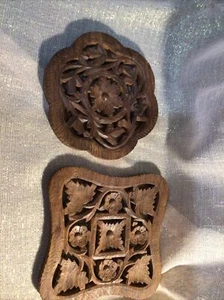 2 Vintage Hand Carved Wood Trivet Boho Flowers Wall Decor Collectable *E - Picture 1 of 6