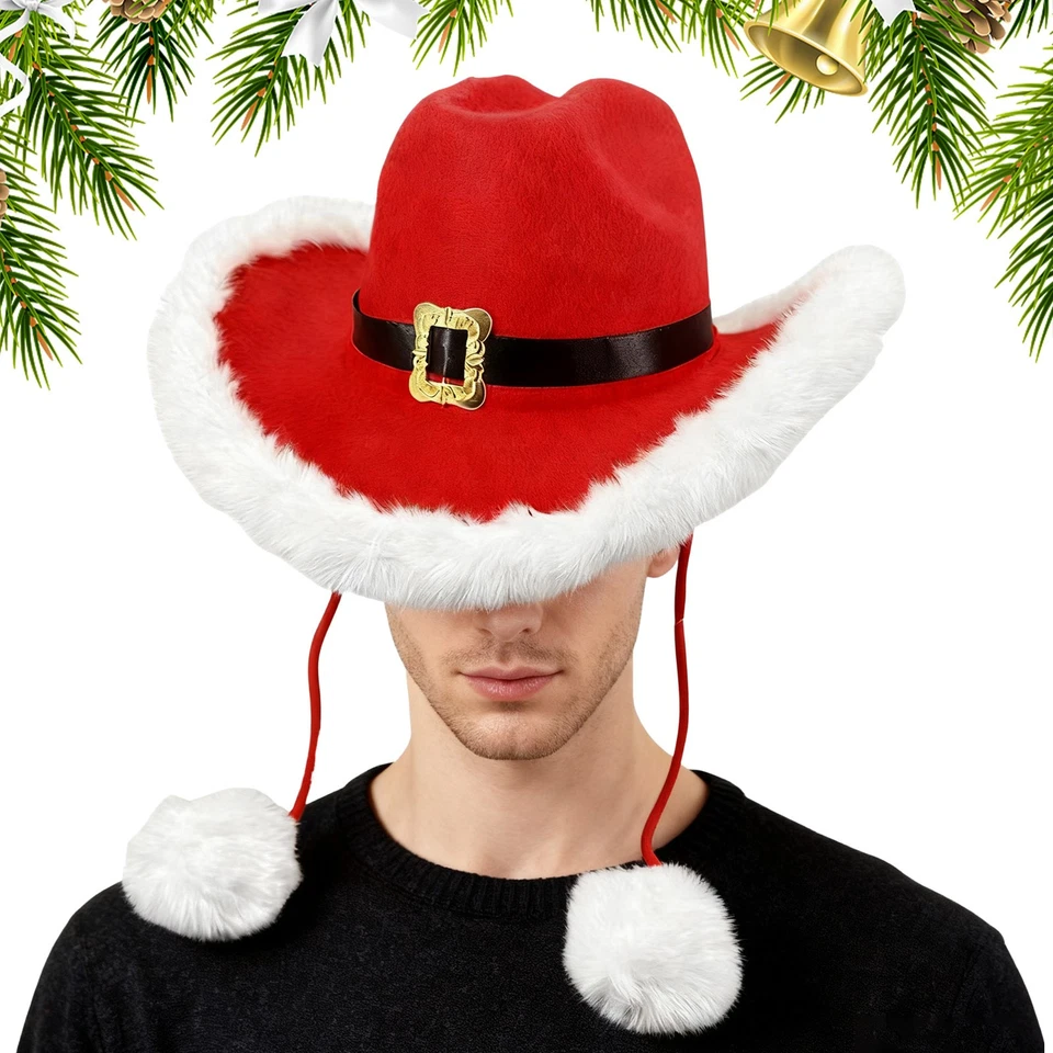 Christmas Red Cowboy Hat With White Plush Trim For Party Holiday Photo Props - Image 1 of 4