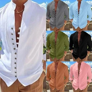 Mens Casual Cotton Linen Shirt Short Sleeve Loose Blouse Button Down Shirts Tops - Picture 1 of 20